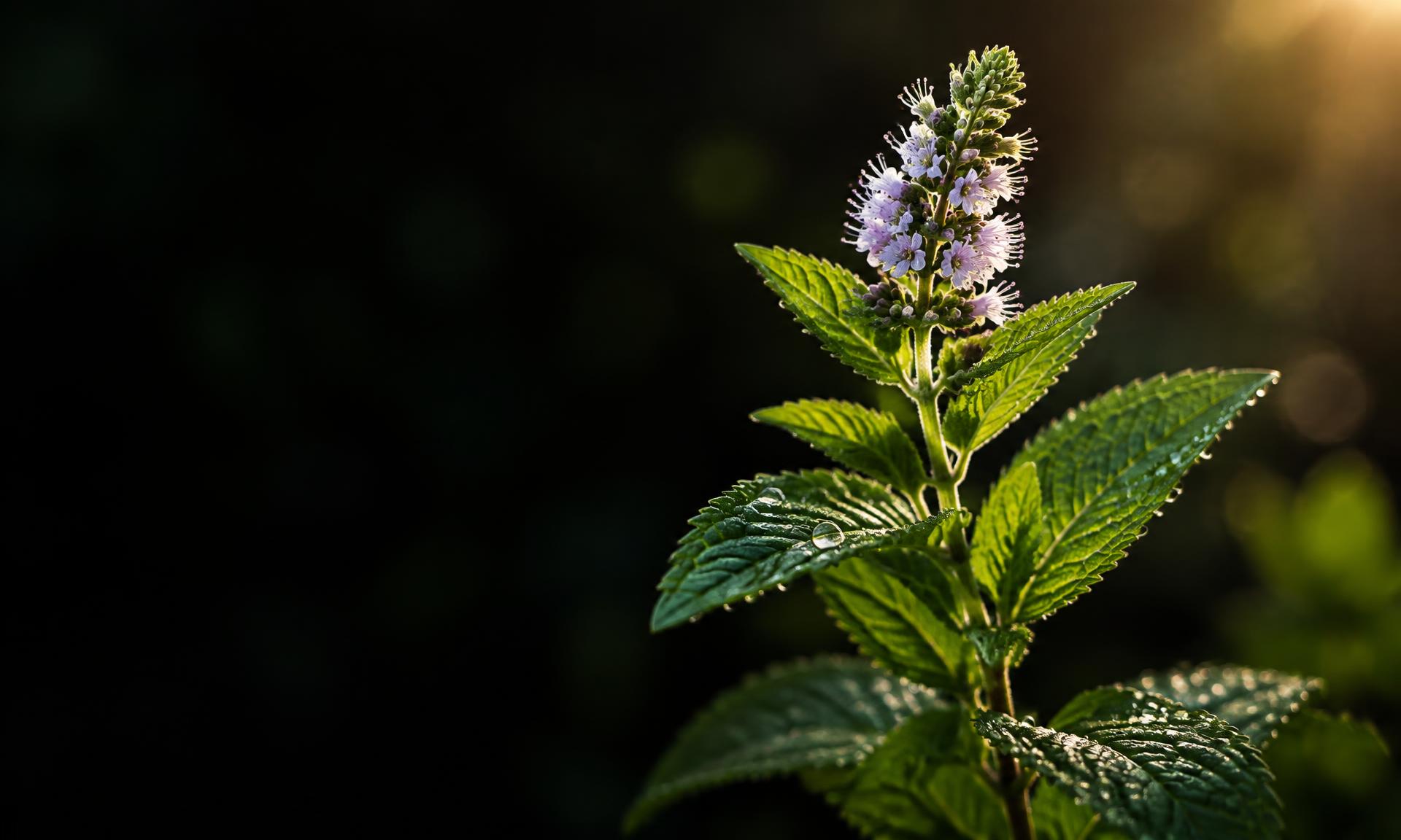 Young mint sprig with pale lilac flowers and dew drops